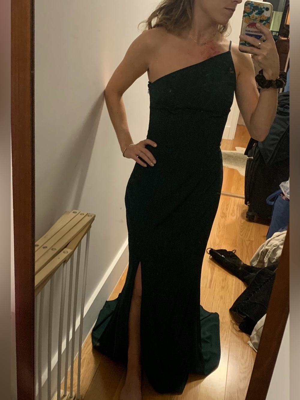 Bella bridesmaids Amsale. Elegant One-Shoulder Dark Green Evening Gown.